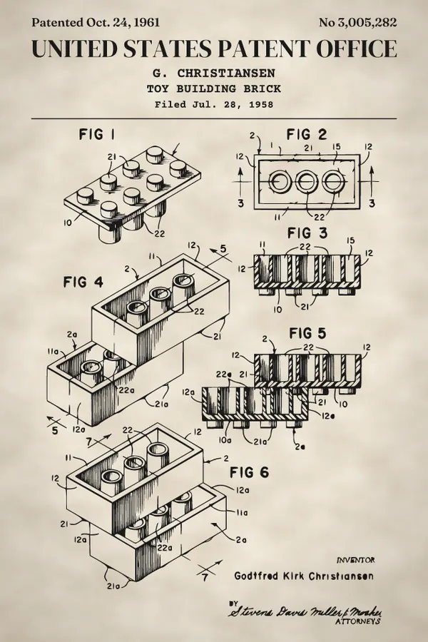 Interlocking toy brick patent print